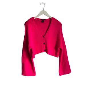 Forever 21 Bright Neon Pink Bell Sleeve Large Knit Button Up Cardigan size Large